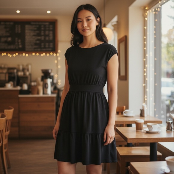 NEW Mododoc Women's XS Cap Sleeve T-Shirt Midi Casual Layering Flowy Black Dress - Picture 1 of 7